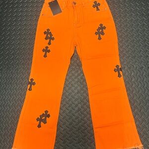 Orange Chrome Heart Jeans with Black Crosses